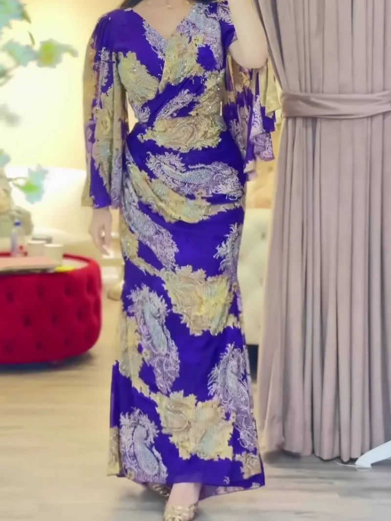 Women Chiffon Sexy Dress Big Swing Print Banquet Long Sleeve V-neck Slim Lady Elegant Cocktail Party Empire New Clothing