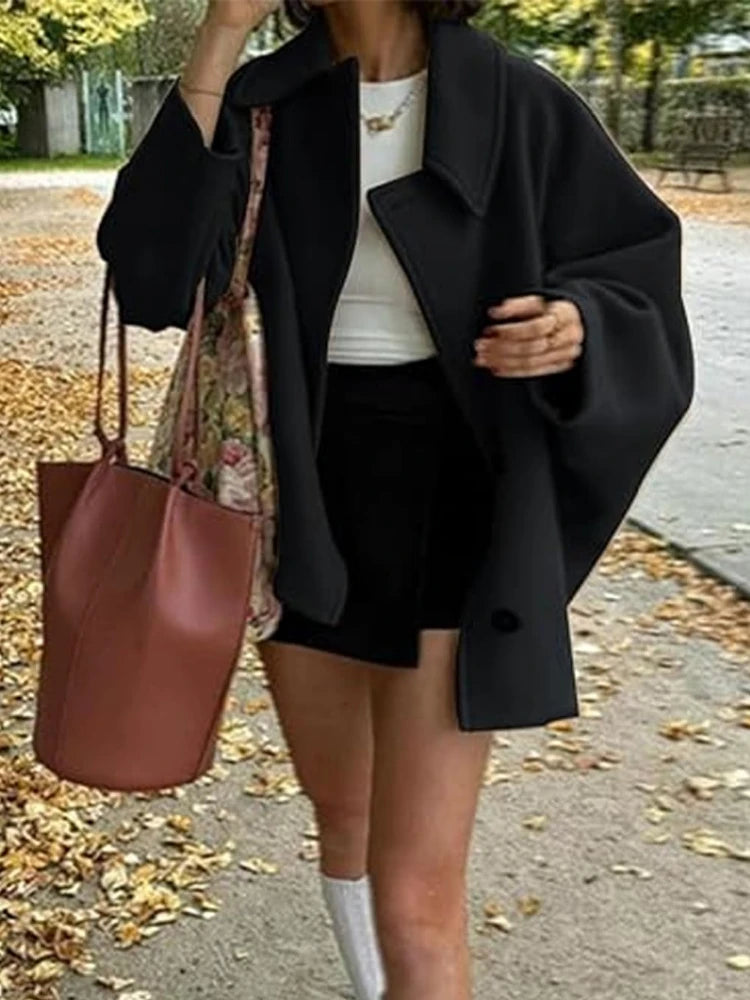 Women's Oblique Button Loose Batwing Sleeve Jacket Coat Lapel Double Pocket Warm Solid Vintage Outerwear Fall Winter Coat