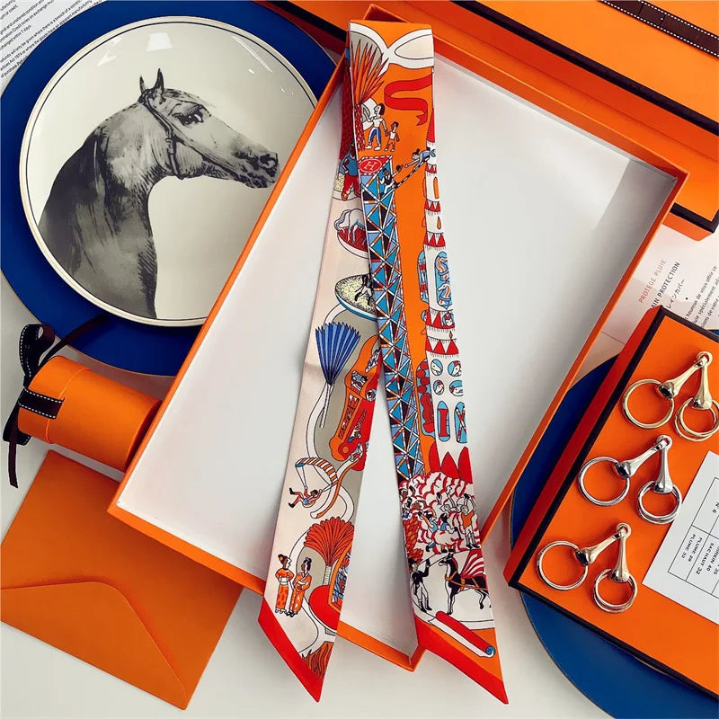 100% Silk High Quality Luxury Brand Scarf Women Headband Hair Band Foulard Tie Ribbon Neckerchief Skinny Scarves Accessories