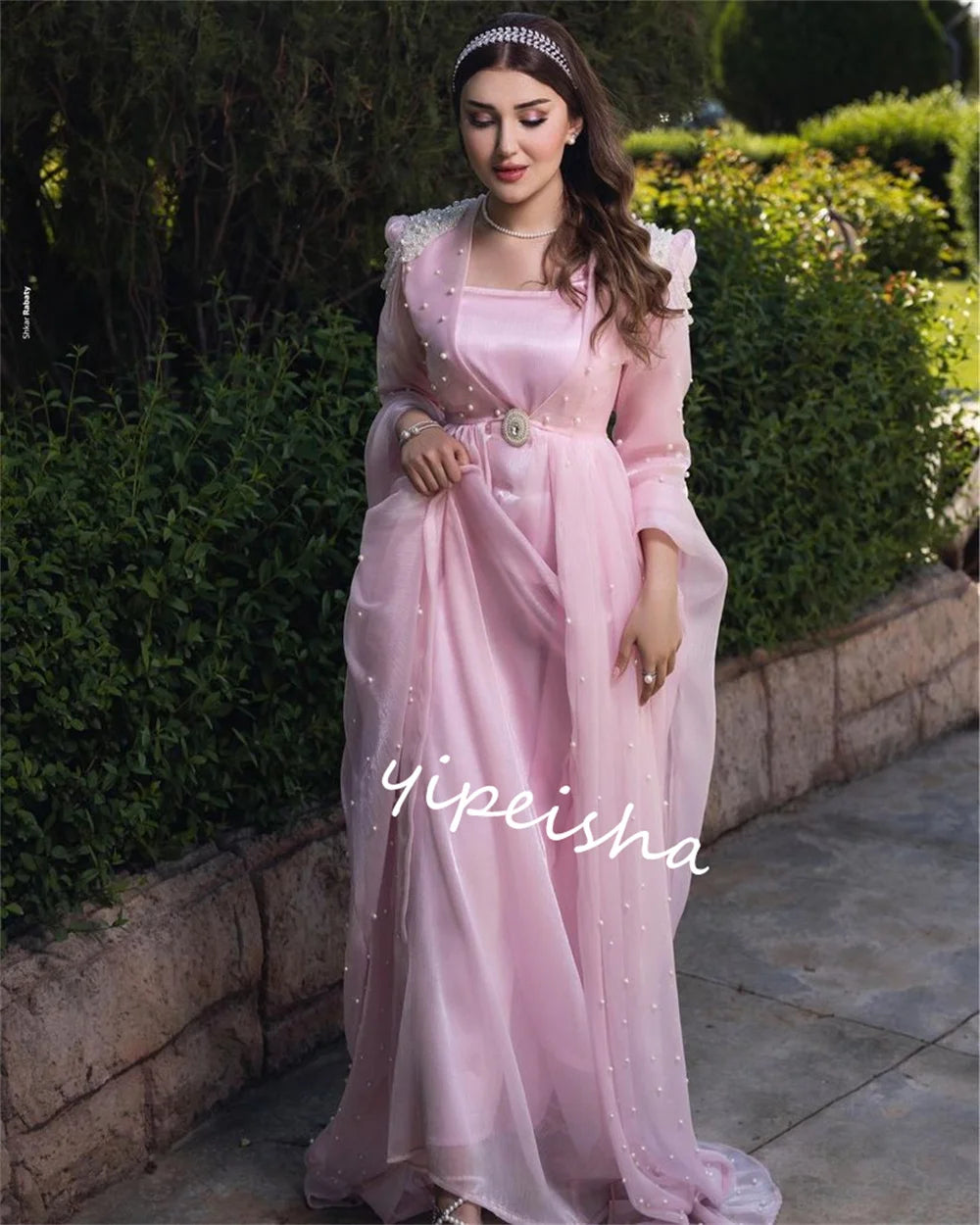 Customized  Evening Organza Pearl Beading Prom A-line Square Neck Bespoke Occasion Gown Long Dresses  Sexy Casual