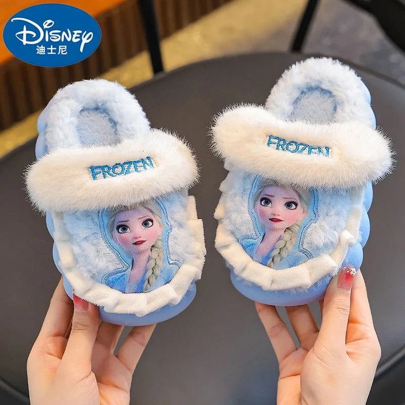 Disney Princess Elsa Winter Children's Cotton Home Slippers Frozen Girl's Snow Non Slip Warm Baby Slippers Pink Blue Size 24-36
