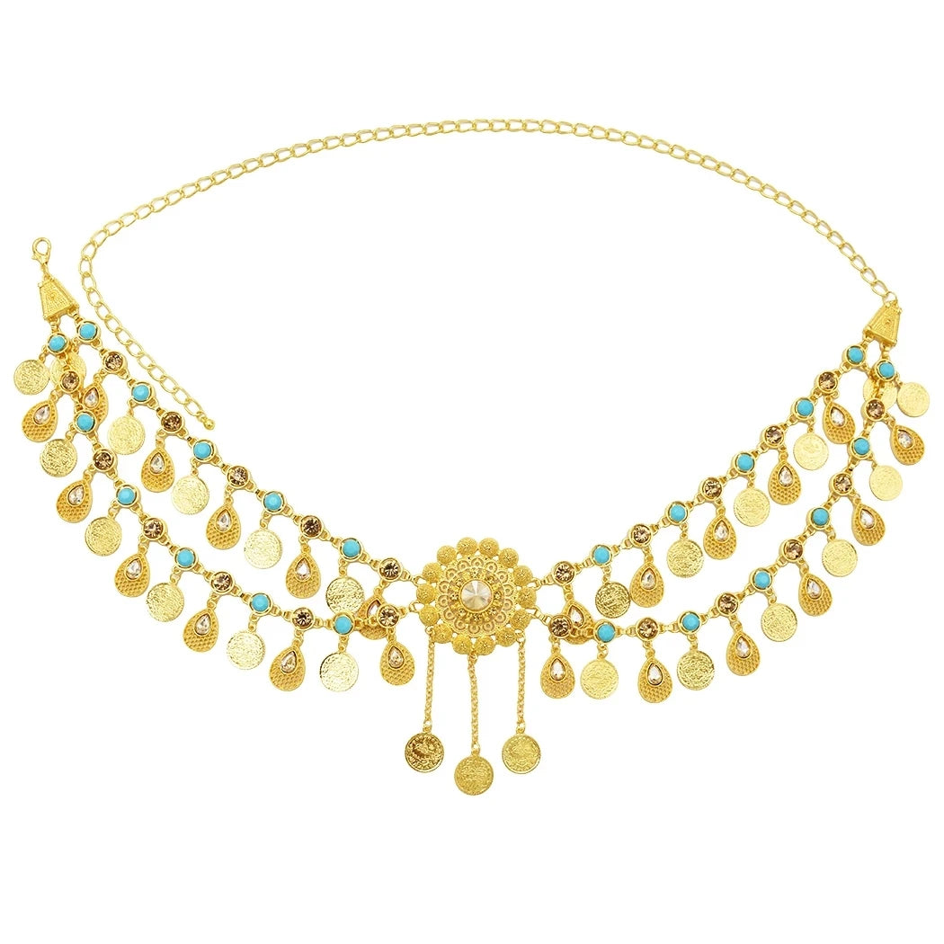 Indian Arab Metal Waist Chain Large French Coin Waist Belt Carved Flower Belly Chains Algeria Traditional Holiday Party Jewelry