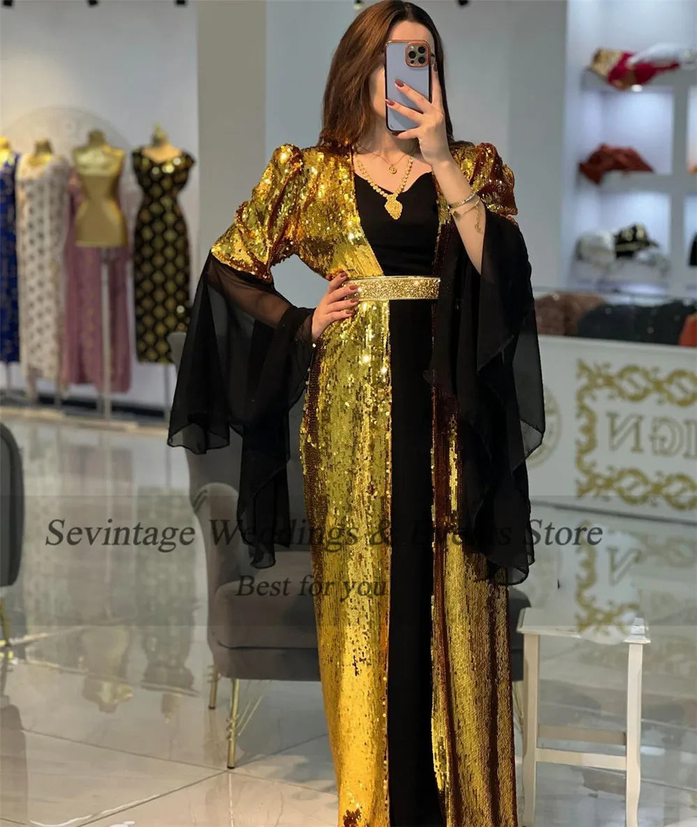 Customized Luxury Black Gold Mermaid Evening Dress V-Neck Long Flare Sleeves Sequin Prom Gown Belt Floor Length Algerian Outfit