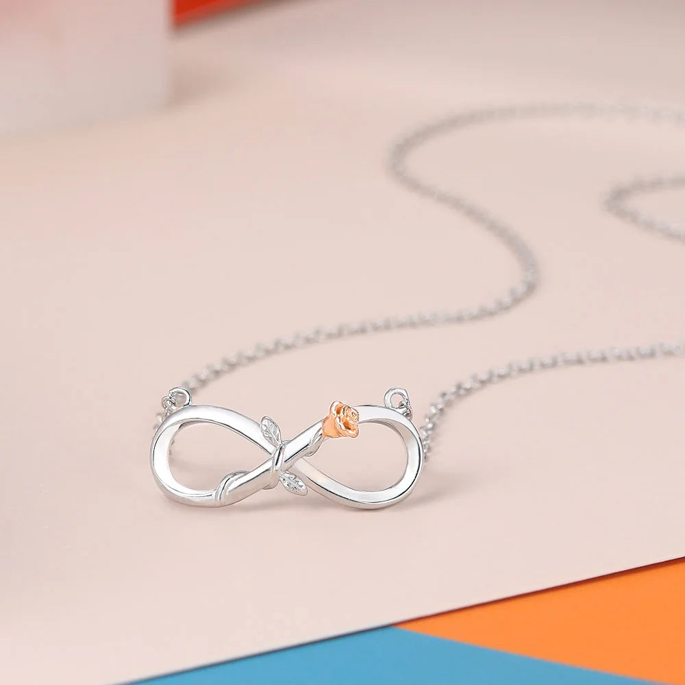 Infinite Mobius Rose Charm Pendant Necklaces For Women Christmas Gift Rose Gold  Color Plated Heart Flower Chain Jewelry N244