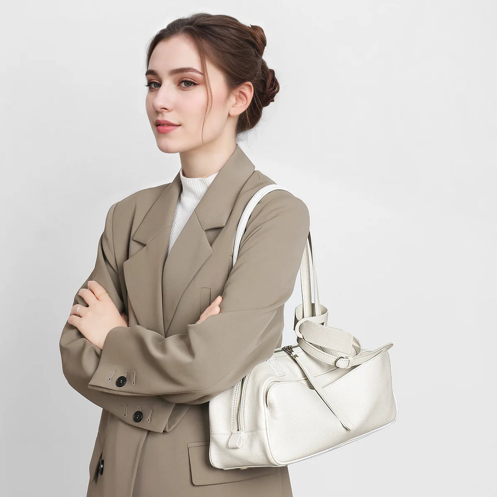 Niche Matte Cowhide Bowling New Commuter Large Capacity Boston Genuine Leather Handbag Shoulder Bag For Women Top-handle Bags