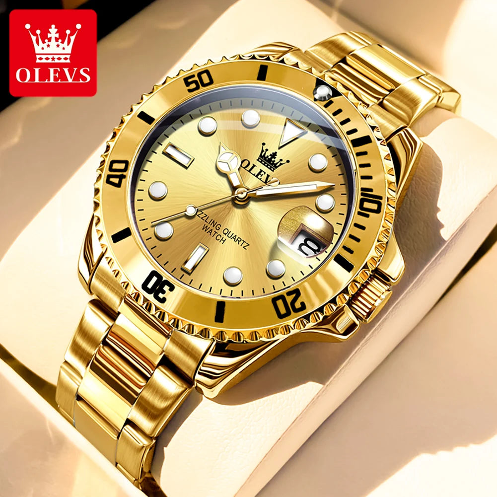 OLEVS 5885 Men's Watches Business Stainless Steel Strap Green Quartz Watch Waterproof Calendar Luminous High Quality Wristwatch