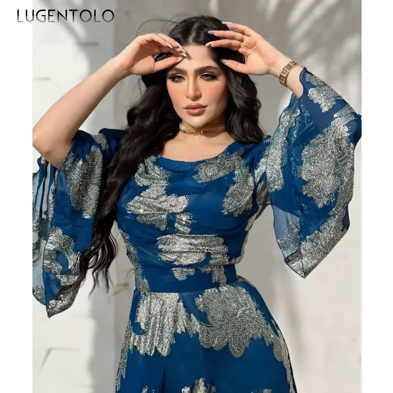 Women Party Dress Long Sleeve Sequins Chiffon Spring Summer Empire Lady Vintage Big Swing Elegant Dance Maxi Dresses