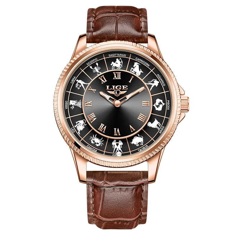 LIGE Creative Constellation Mens Watches Business Belt Man Wristwatches Luminous Waterproof Watch for Men 12 Constellations