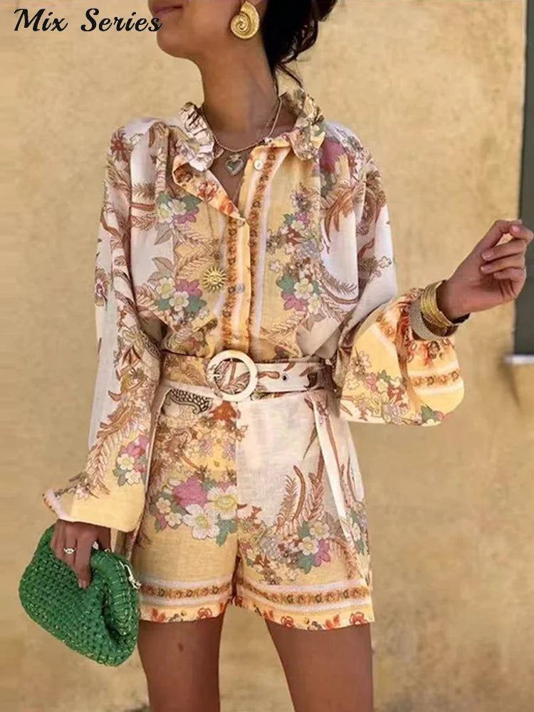 Casual Print Tops Shorts Sets Women's Loose Stand Collar Lantern Sleeve Top High Waist Short Pant 2025 Summer Lady Vacation Suit