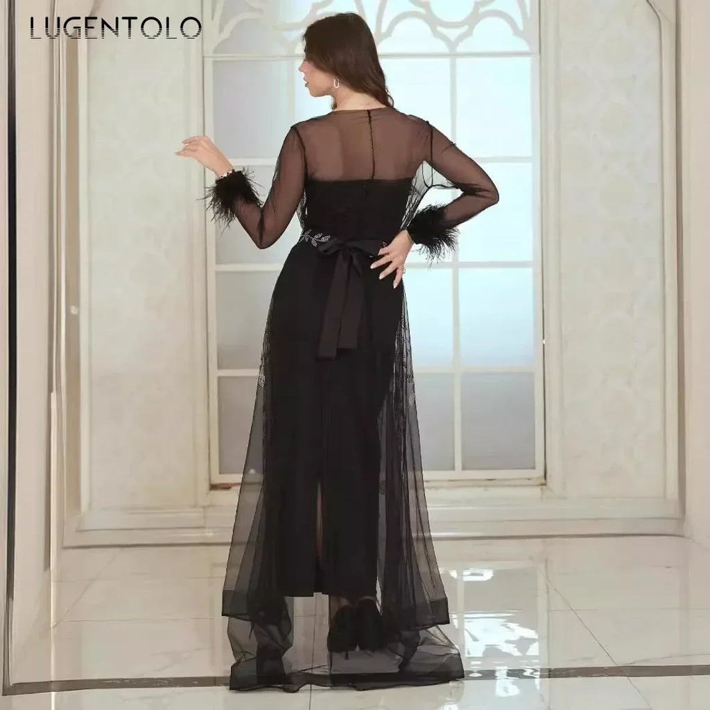 Women Hot Diamond Caftan Robe Dress Set Elegant Party High Quality Mesh Sexy Perspective Long Sleeve Lady Lace-up Banquet Cloth