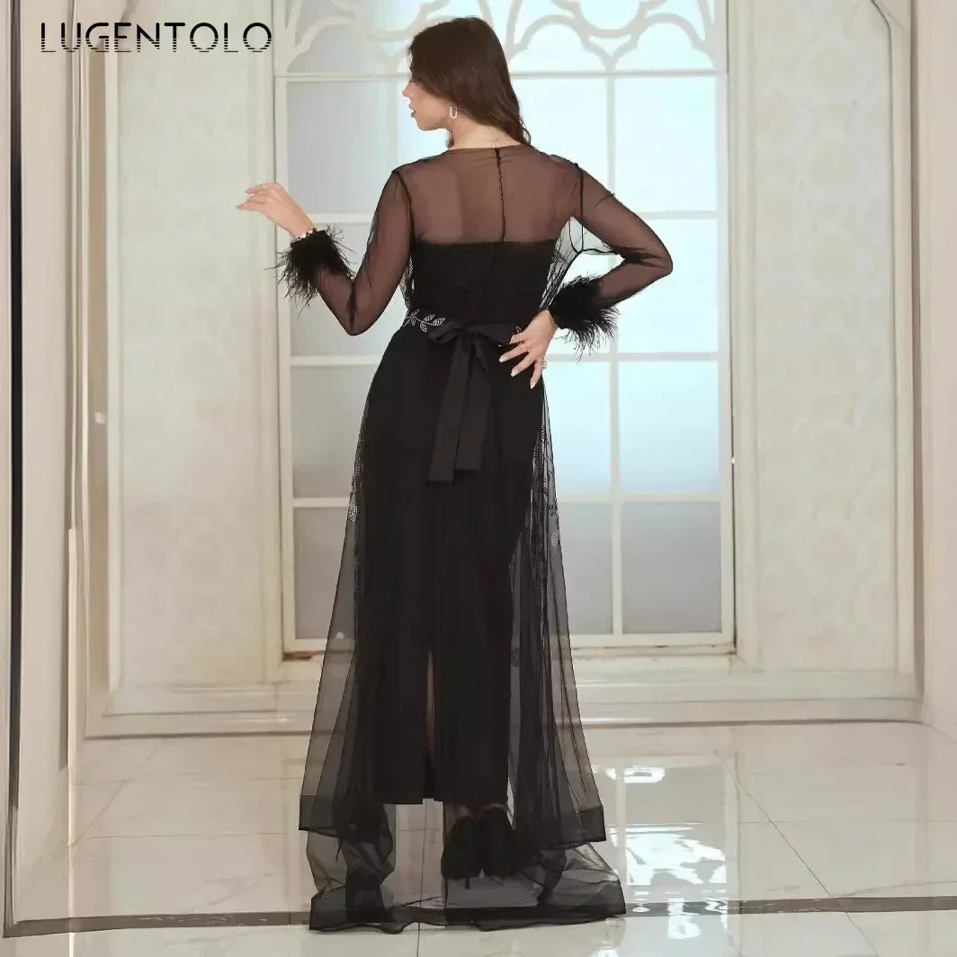 Women Hot Diamond Caftan Robe Dress Set Elegant Party High Quality Mesh Sexy Perspective Long Sleeve Lady Lace-up Banquet Cloth