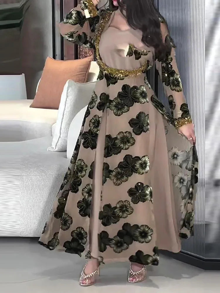 Elegant Lady Floral Printed Vintage Long Dress New Autumn Chiffon Party Dress Leisure Long Sleeve High Waist Pleat Evening Dress