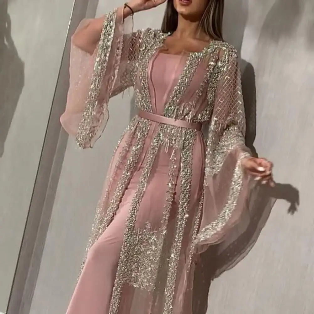 2 Pcs/Set Women Evening Dress Elegant Shiny Bronzed Party Dress Set With Mesh Cardigan Long Dress Shawl Set For Birthday