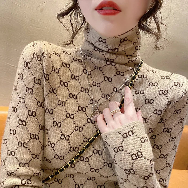 Autumn Winter New Vintage All-match Long Sleeve Half High Collar Sweaters Women Clothing Fashion Slim Geometric Knitted Pullover