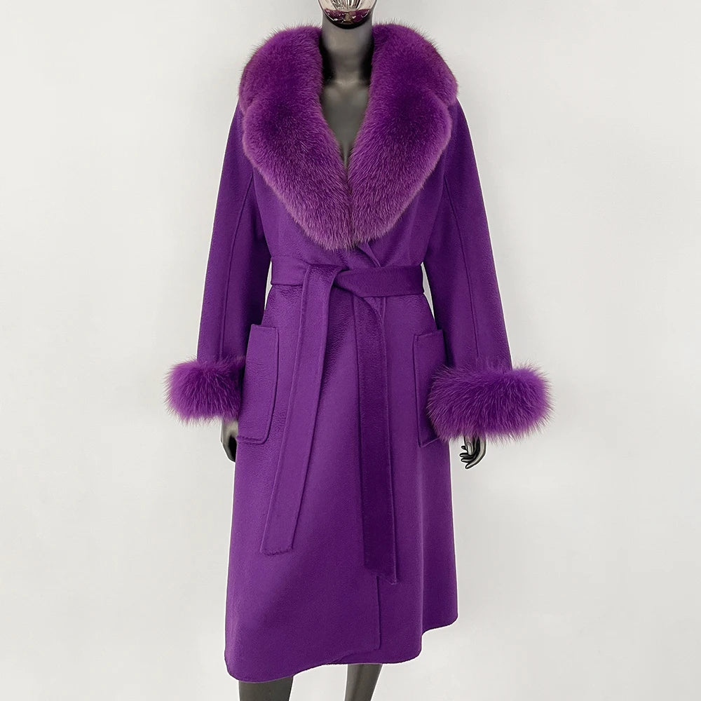 100% Wool Water-Corrugated Woolen Coat with Detachable Fox Fur Collar Women Daily Casual Wear 2024 Autumn Winter Original Design