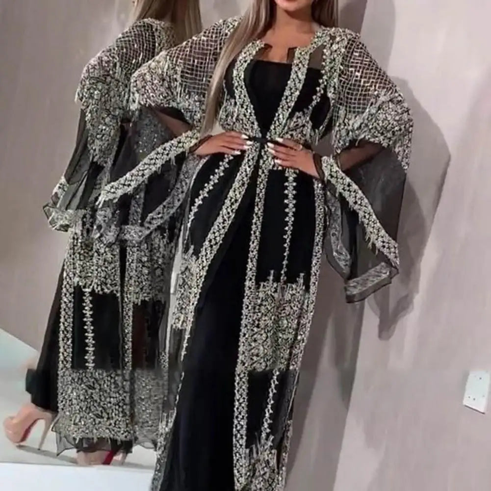 2 Pcs/Set Women Evening Dress Elegant Shiny Bronzed Party Dress Set With Mesh Cardigan Long Dress Shawl Set For Birthday