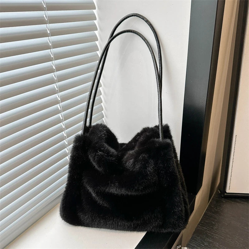 Female Autumn Winter Plush Handbag Versatile Solid Color Chain Crossbody Shopping Bag Women New Design Chain Messenger Bags