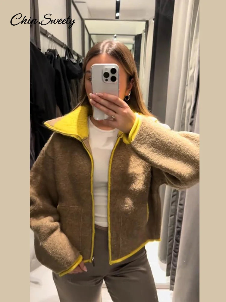 Fashion Contrast Stand Neck Jacket Women Zipper Pocket Full Sleeve Bomber Jackets Lady New Autumn Winter Casual Street Outwear