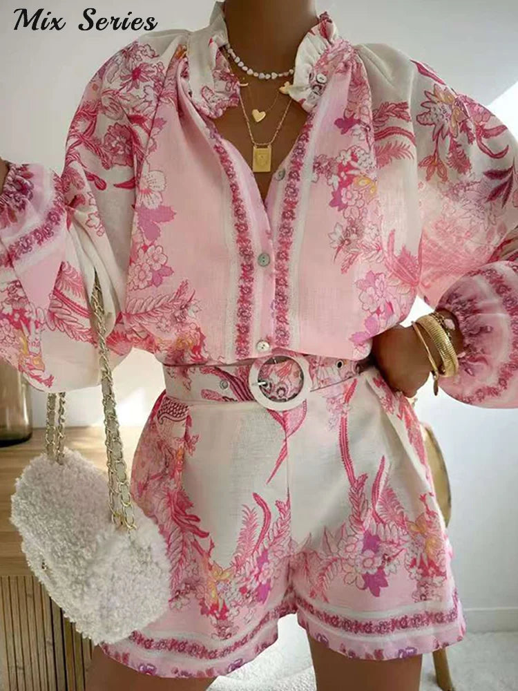 Casual Print Tops Shorts Sets Women's Loose Stand Collar Lantern Sleeve Top High Waist Short Pant 2025 Summer Lady Vacation Suit