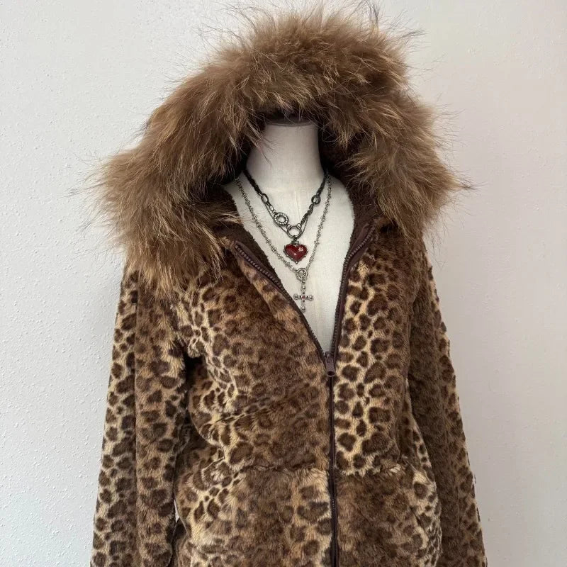 Winter New Fashion Leopard Print Plus Velvet Padded Cotton-padded Jacket Coat Women Y2K Street Vintage Hiphop Popular Casual Top
