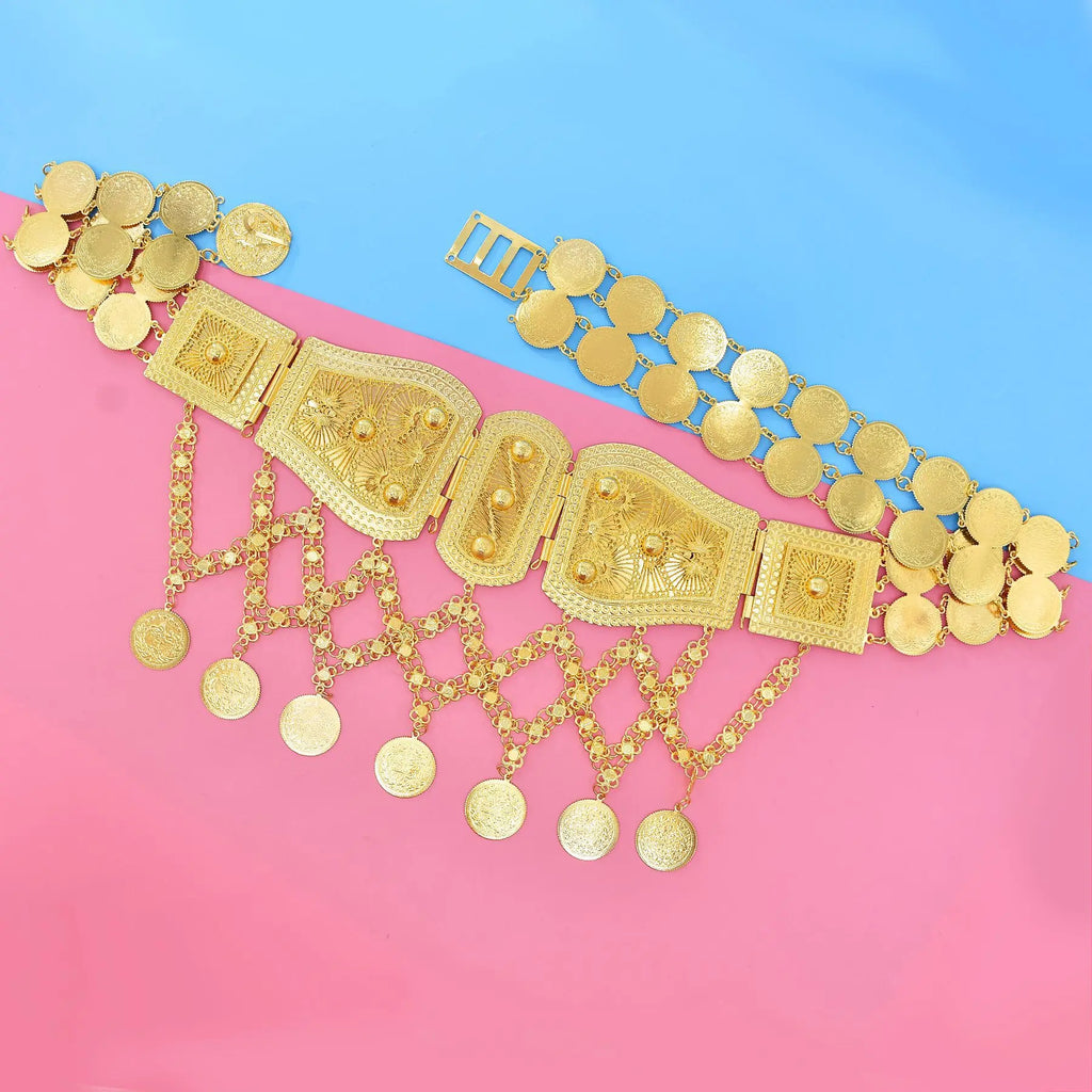 Indian Arab Metal Waist Chain Large French Coin Waist Belt Carved Flower Belly Chains Algeria Traditional Holiday Party Jewelry