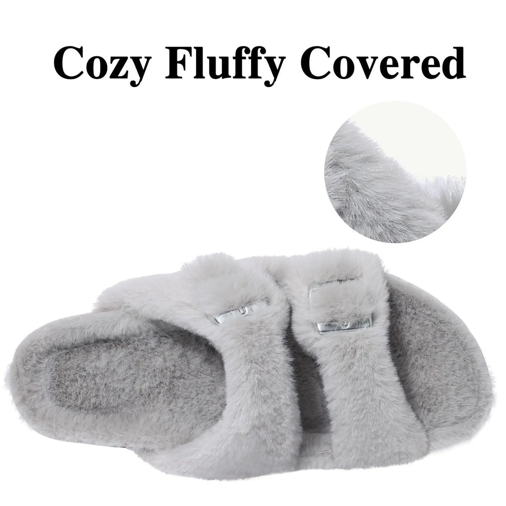 Litfun Winter Women's Fluffy Cork Slippers Comfy Arch Support Fuzzy Slippers Open Toe Plush House Slides With Adjustable Buckle
