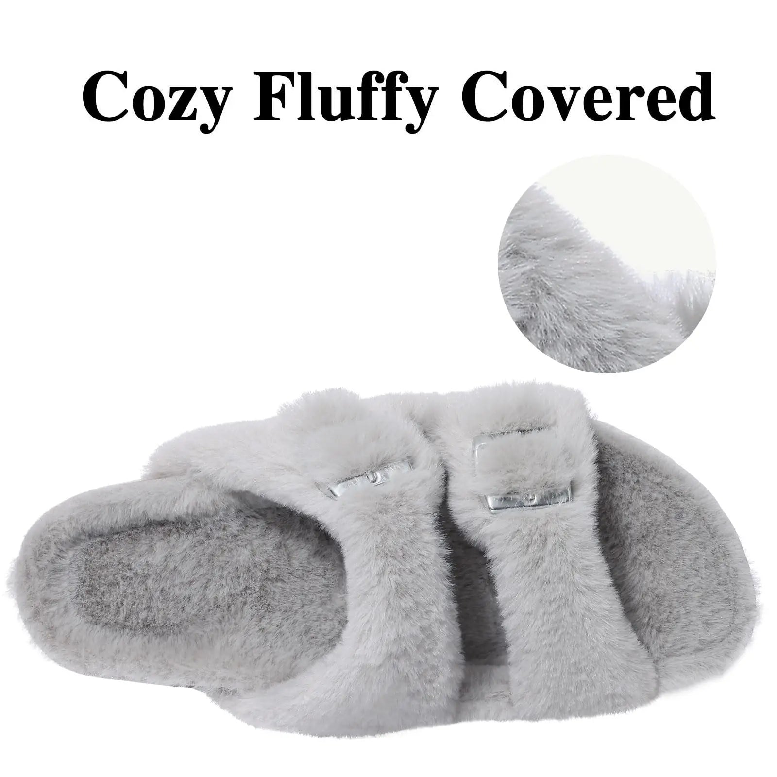 Litfun Winter Women's Fluffy Cork Slippers Comfy Arch Support Fuzzy Slippers Open Toe Plush House Slides With Adjustable Buckle