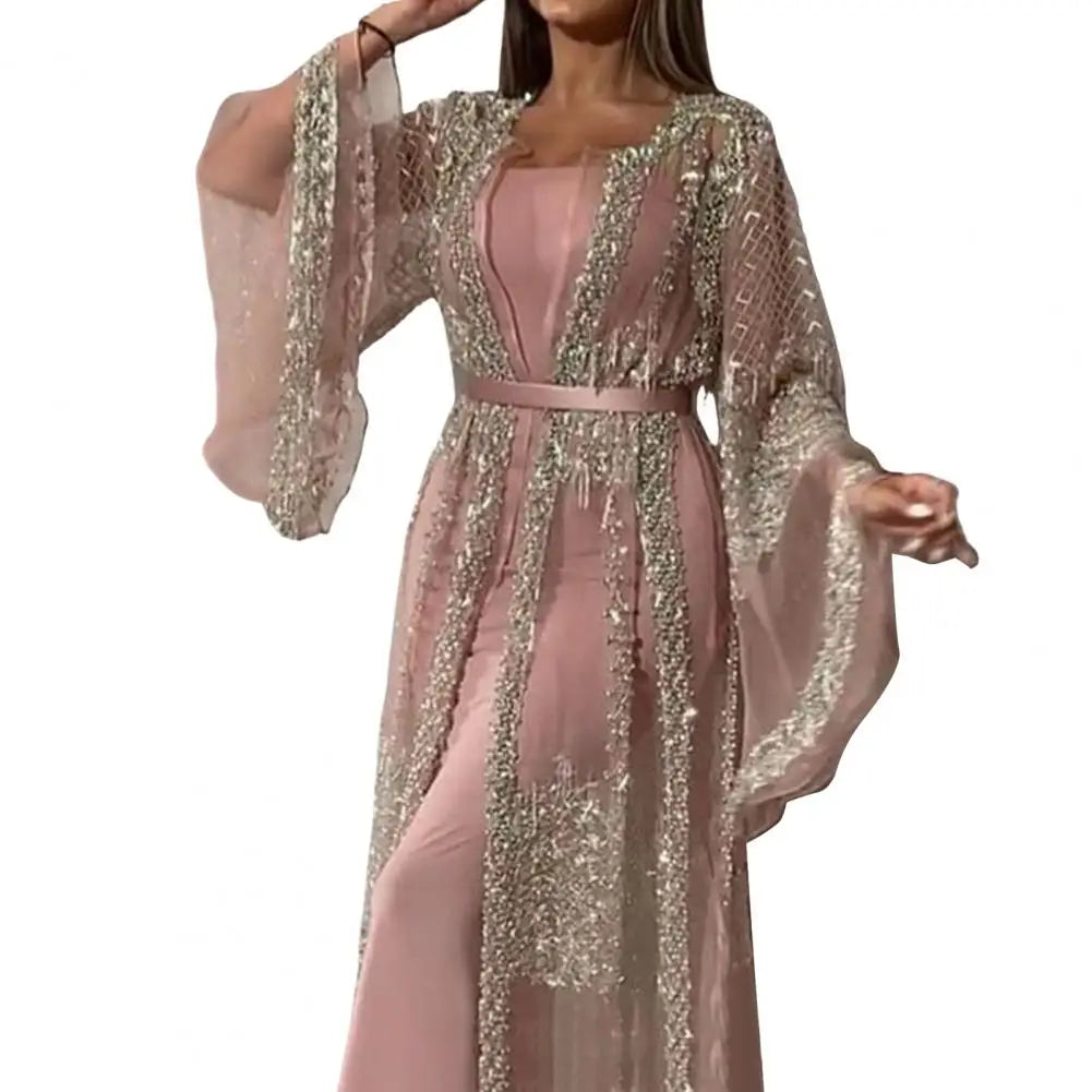 2 Pcs/Set Women Evening Dress Elegant Shiny Bronzed Party Dress Set With Mesh Cardigan Long Dress Shawl Set For Birthday