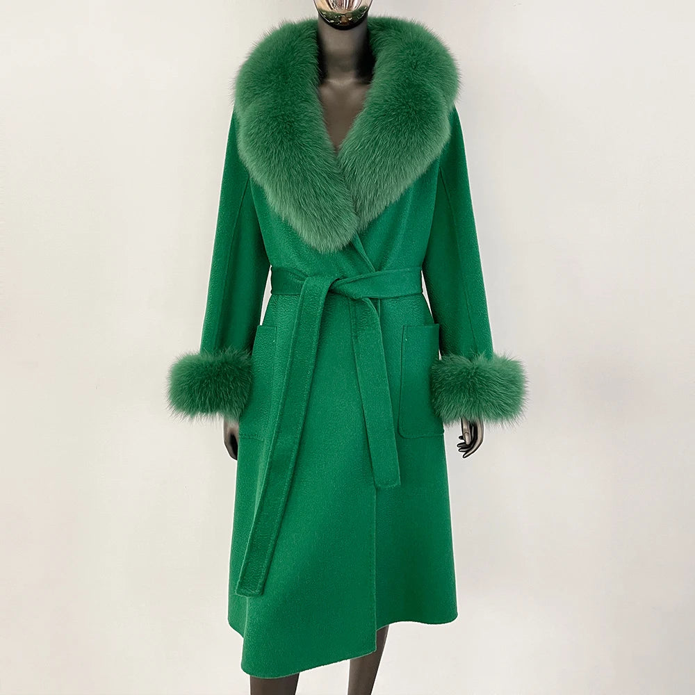 100% Wool Water-Corrugated Woolen Coat with Detachable Fox Fur Collar Women Daily Casual Wear 2024 Autumn Winter Original Design