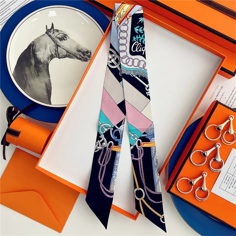 100% Silk High Quality Luxury Brand Scarf Women Headband Hair Band Foulard Tie Ribbon Neckerchief Skinny Scarves Accessories