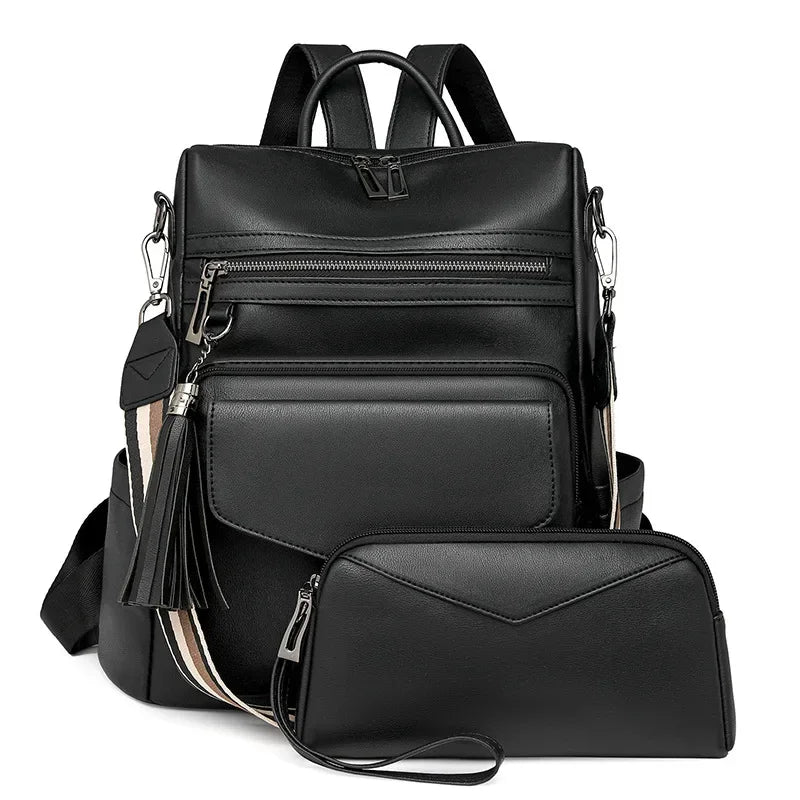 2025 new women's pu leather waterproof anti-theft fashion tassel two-color large travel college backpack wallet shoulder bag