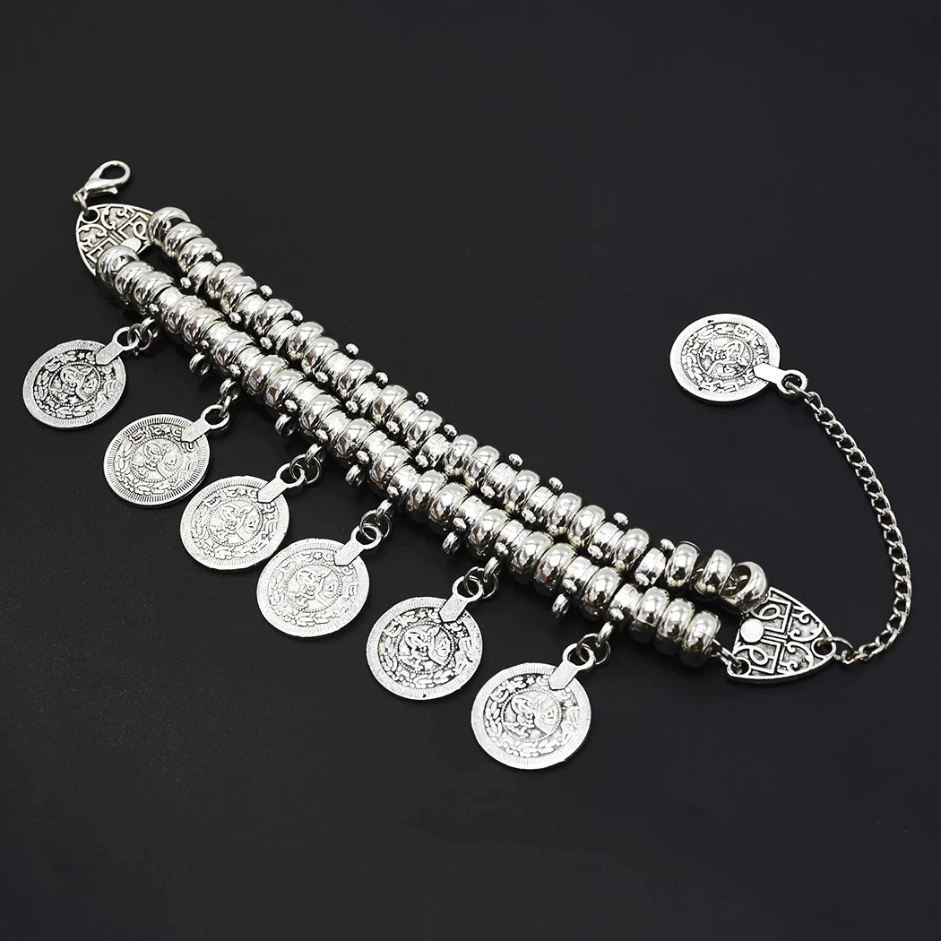 Vintage silver coin bracelet for women, featuring a boho beach, Turkish, ethnic, tribal, elegant design; vintage Tibetan bangles; Indian jewelry.