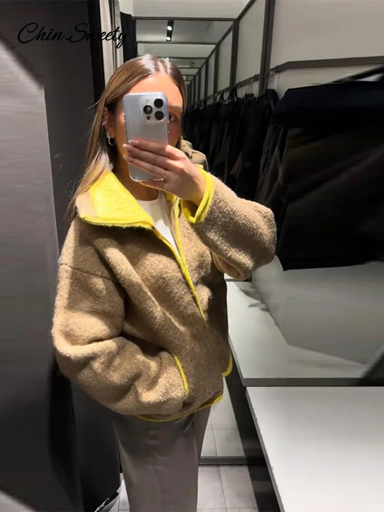 Fashion Contrast Stand Neck Jacket Women Zipper Pocket Full Sleeve Bomber Jackets Lady New Autumn Winter Casual Street Outwear