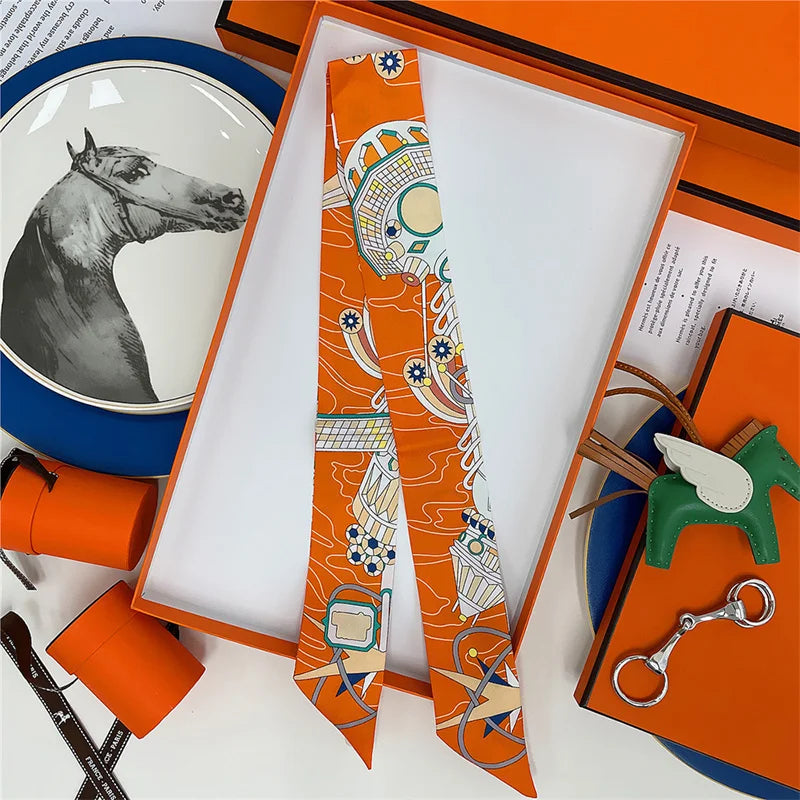 100% Silk High Quality Luxury Brand Scarf Women Headband Hair Band Foulard Tie Ribbon Neckerchief Skinny Scarves Accessories