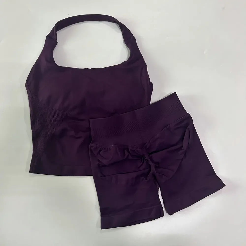 2 Pieces Sports Set Women Backless Halter Tops High Waist Seamless Hight Stretch Shorts Gym Suit Sportswear Workout Sets