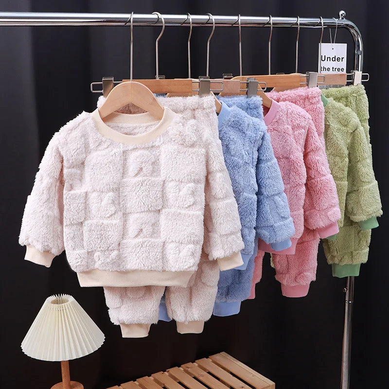 1Set Kids Warm Clothing Sets Winter Flannel Homewear Sets Children's Thermal Pajamas Boys Girls Thick Coral Velvet Two-piece Set