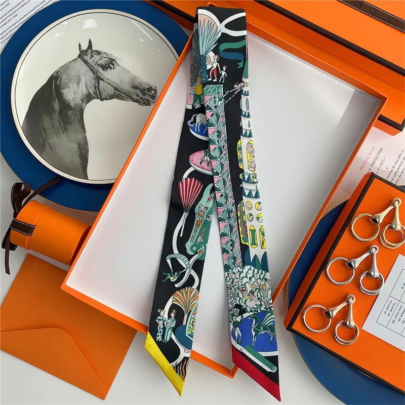 100% Silk High Quality Luxury Brand Scarf Women Headband Hair Band Foulard Tie Ribbon Neckerchief Skinny Scarves Accessories
