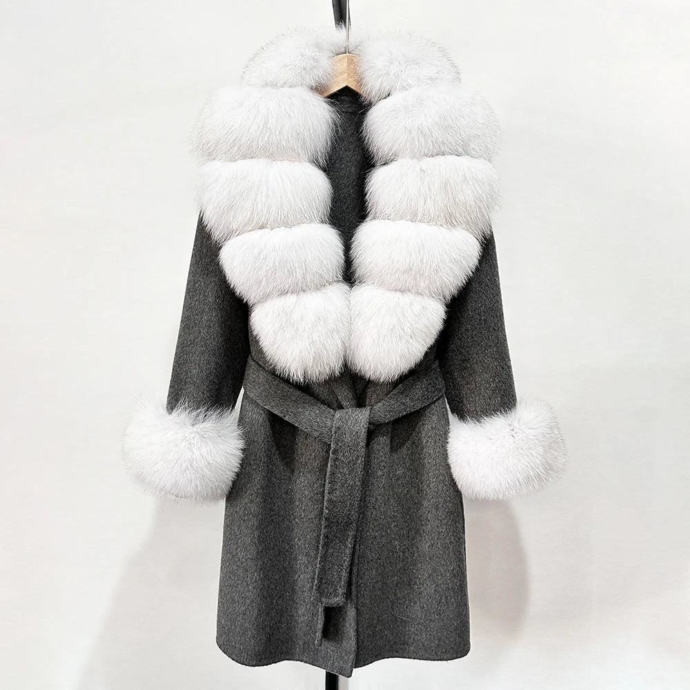 Elegant Woolen Jacket Autumn Winter Wool Coat Women Real Fox Fur Collar Single Breasted Wool Blends Jacket Natural Raccoon Fur