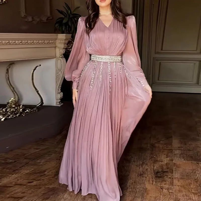 Lady Lantern Sleeve Big Hem Dresses Fashion V-neck Ruffles Gauze Evening Dress Temperament High Waist Solid Color Banquet Dress