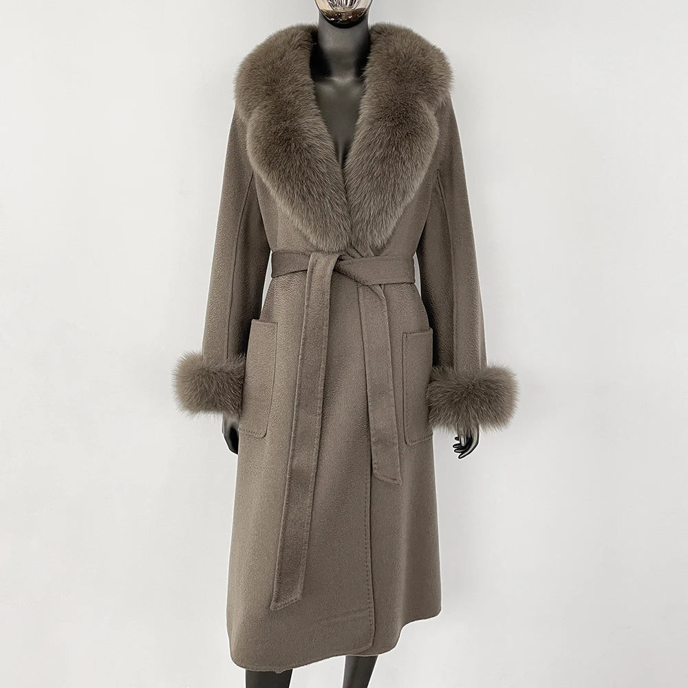 100% Wool Water-Corrugated Woolen Coat with Detachable Fox Fur Collar Women Daily Casual Wear 2024 Autumn Winter Original Design