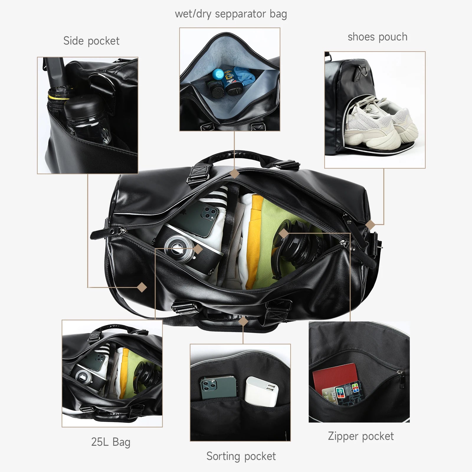 Leather Travel Duffel Bag for Men Women, Vintage Waterproof Bag with Shoe Pouch, Overnight Gym Sports Carry-On Weekend Tote Bag