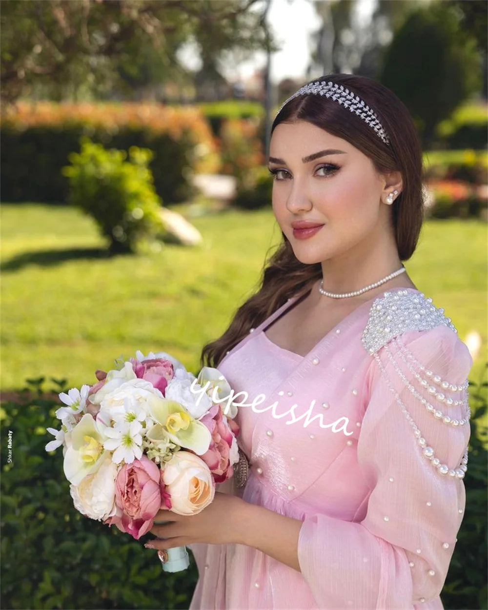 Customized  Evening Organza Pearl Beading Prom A-line Square Neck Bespoke Occasion Gown Long Dresses  Sexy Casual