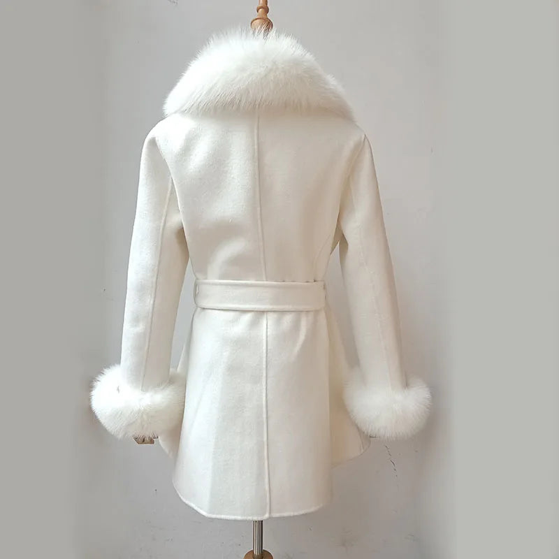 2023 Winter Real Fox Fur Coat Women Wool Jacket With Natural Fox Fur Collar Slim Female Woolen Cashmere Outwear