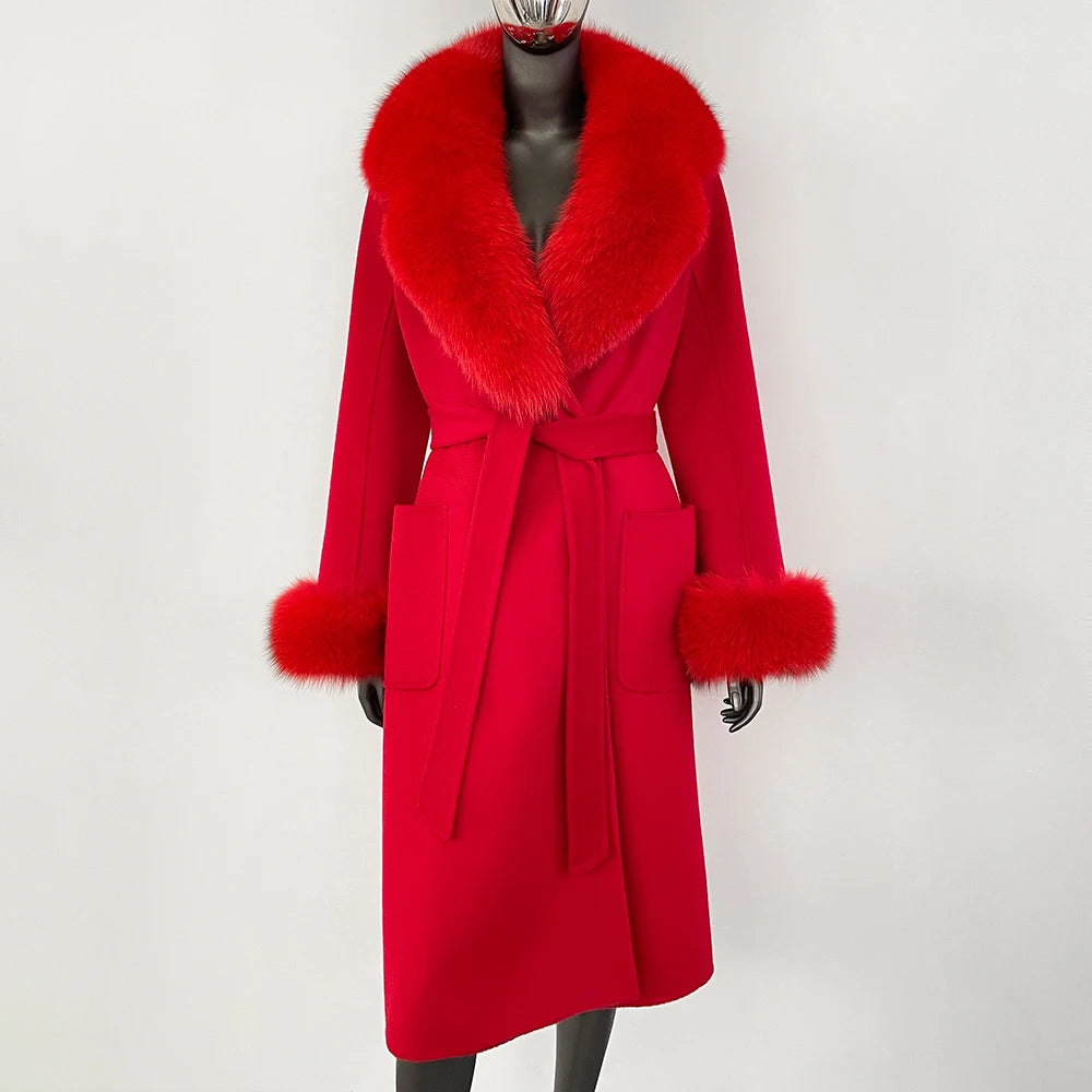 100% Wool Water-Corrugated Woolen Coat with Detachable Fox Fur Collar Women Daily Casual Wear 2024 Autumn Winter Original Design