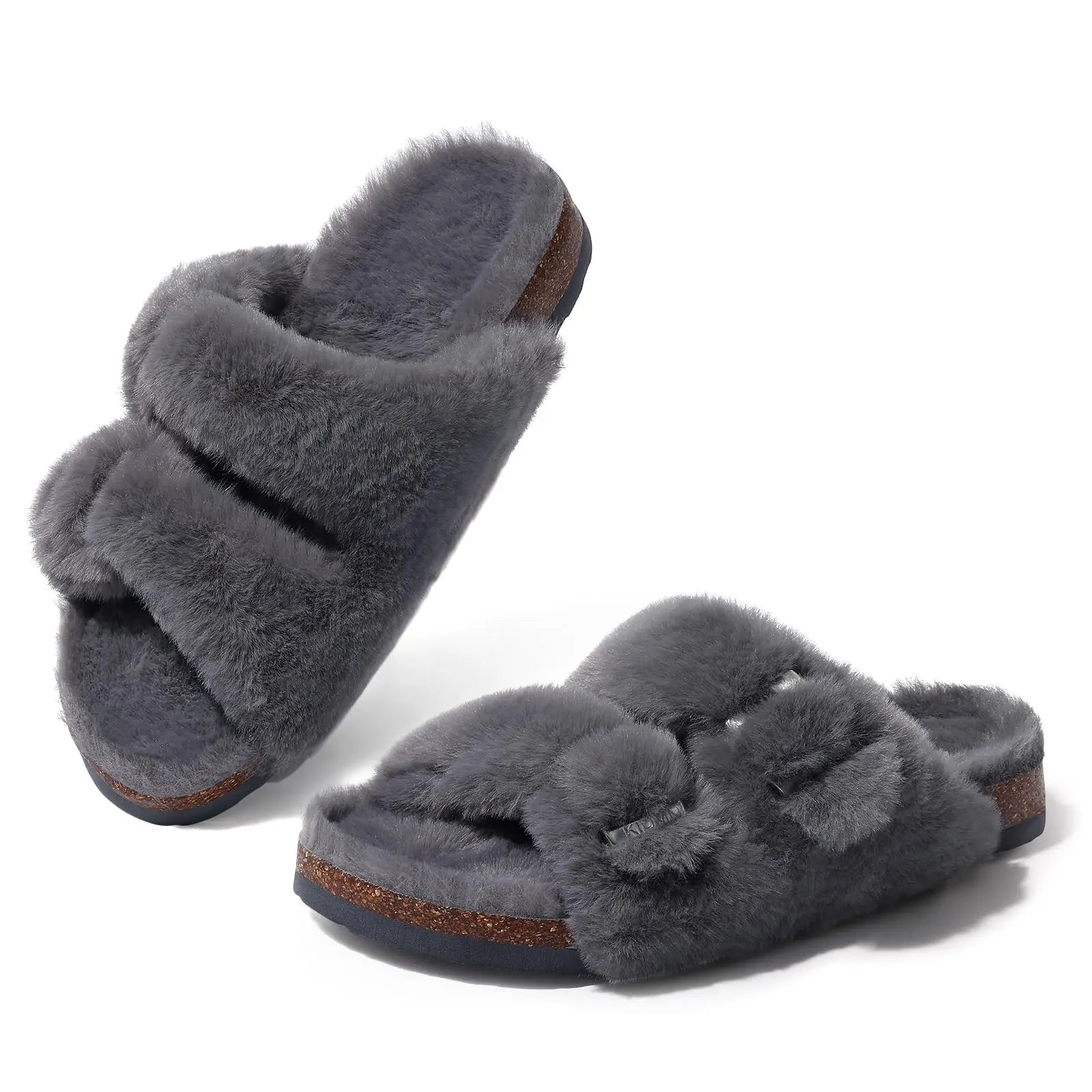 Litfun Winter Women's Fluffy Cork Slippers Comfy Arch Support Fuzzy Slippers Open Toe Plush House Slides With Adjustable Buckle