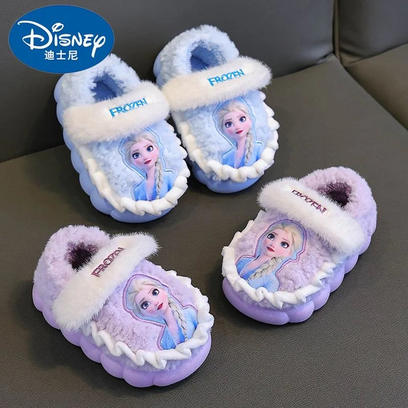 Disney Princess Elsa Winter Children's Cotton Home Slippers Frozen Girl's Snow Non Slip Warm Baby Slippers Pink Blue Size 24-36