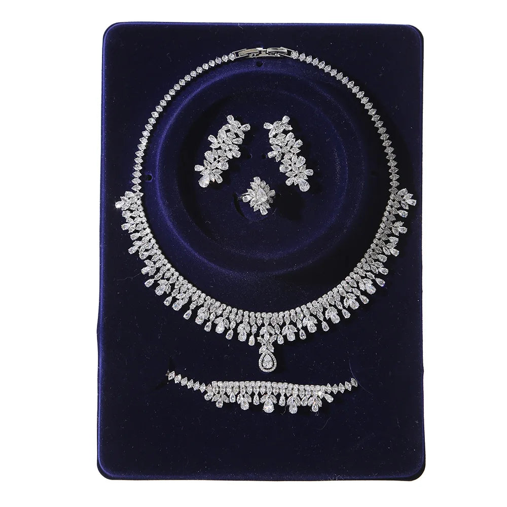4pcs Bridal Jewelry Sets For Wedding Zirconia CZ Saudi Dubai Indian Necklace Earring Bracelet Set For Women Party Prom Jewelley