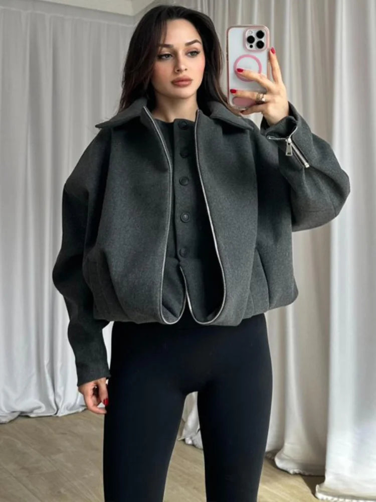 Patchwork Reversible Vest Coats Women Luxury Faux Cashmere Lantern Sleeve Loose Bomber Jacket Autumn Winter Versatile Outerwears