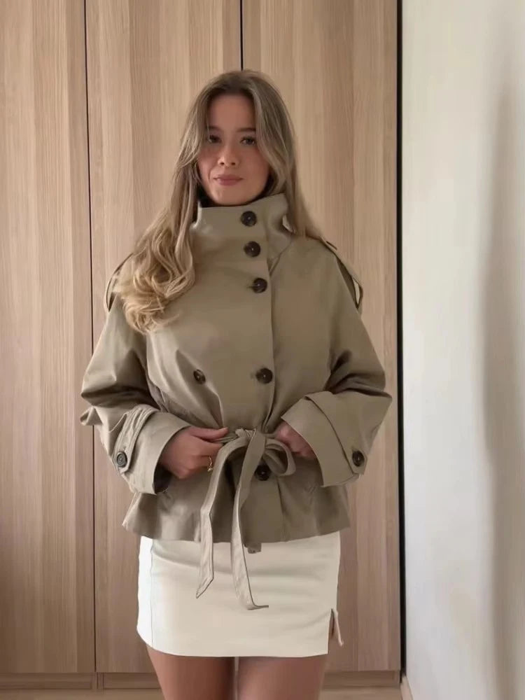 Women's Chic Stand Collar Double-breasted Belted Waist Cropped Trench Coat Shoulder Epaulets 2025 Autumn Casual Street Outerwear