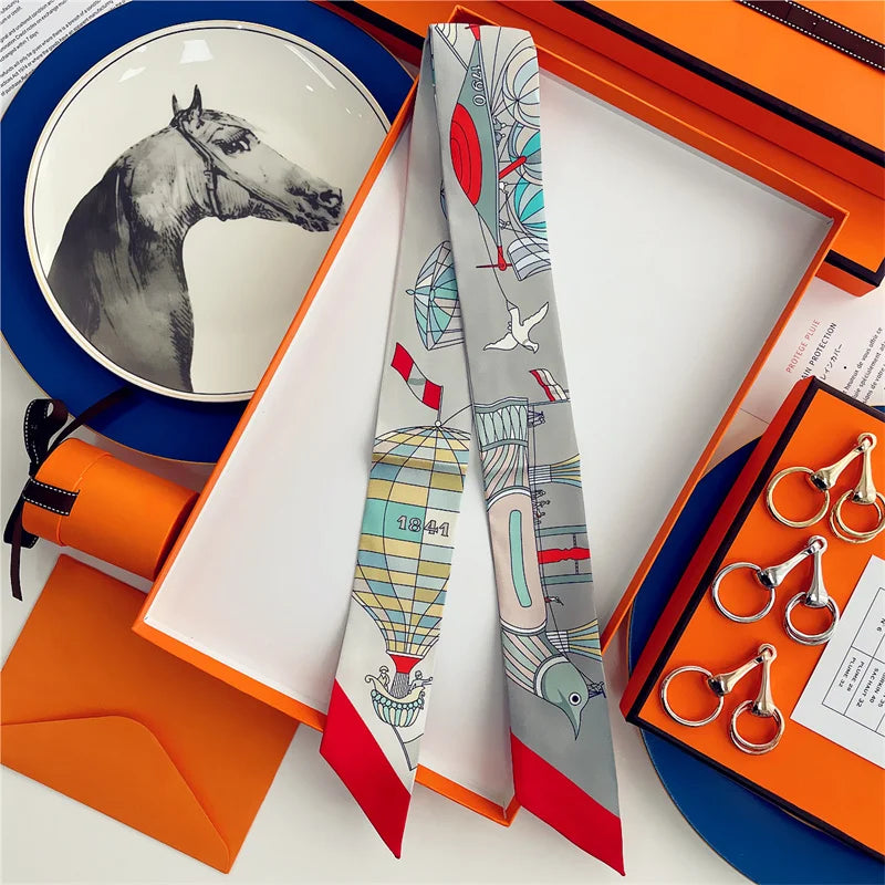 100% Silk High Quality Luxury Brand Scarf Women Headband Hair Band Foulard Tie Ribbon Neckerchief Skinny Scarves Accessories